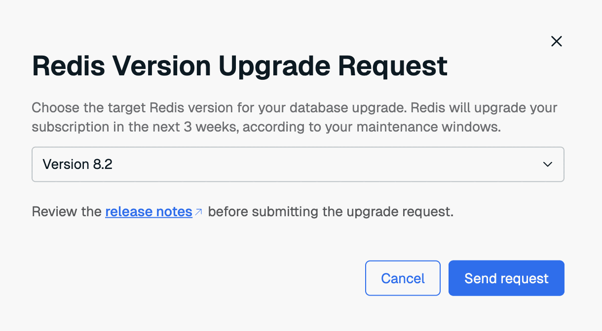 Version upgrade request list with version 8.2 selected.